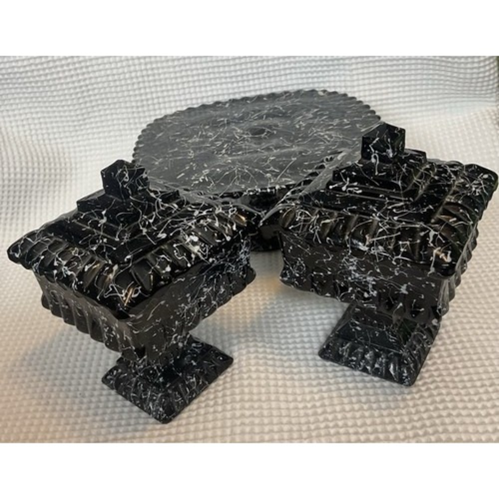 VTG LE Smith Black Confetti Ware Glass Cake Stand & 2 Covered Candy Dishes Set